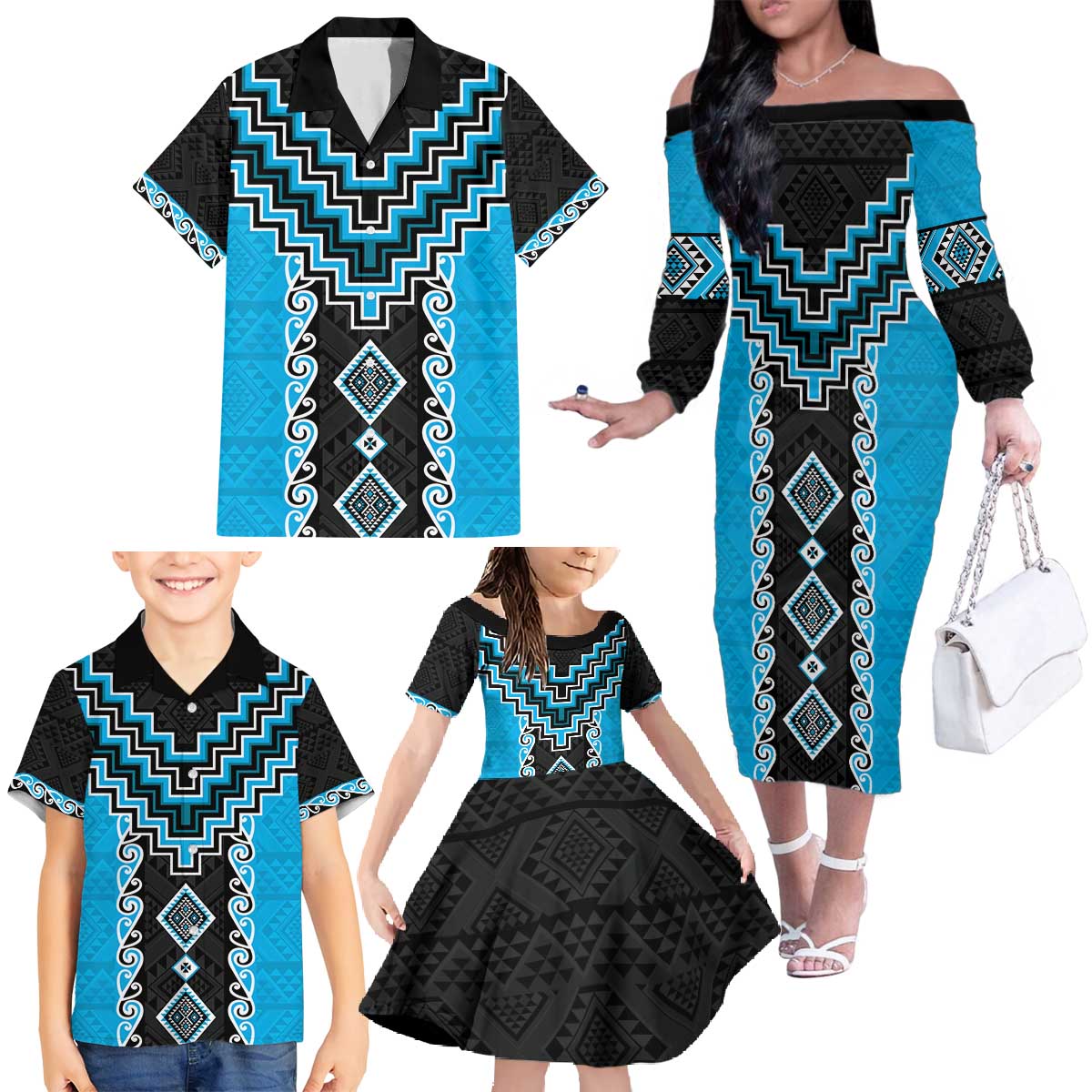Sky Blue Niho Taniwha Mix Poutama Family Matching Off The Shoulder Long Sleeve Dress and Hawaiian Shirt Unique Taniko Aotearoa LT01 - Polynesian Pride