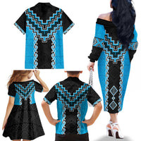 Sky Blue Niho Taniwha Mix Poutama Family Matching Off The Shoulder Long Sleeve Dress and Hawaiian Shirt Unique Taniko Aotearoa LT01 - Polynesian Pride