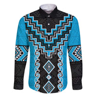 Sky Blue Niho Taniwha Mix Poutama Family Matching Off The Shoulder Long Sleeve Dress and Hawaiian Shirt Unique Taniko Aotearoa LT01 Dad's Shirt - Long Sleeve Sky Blue - Polynesian Pride