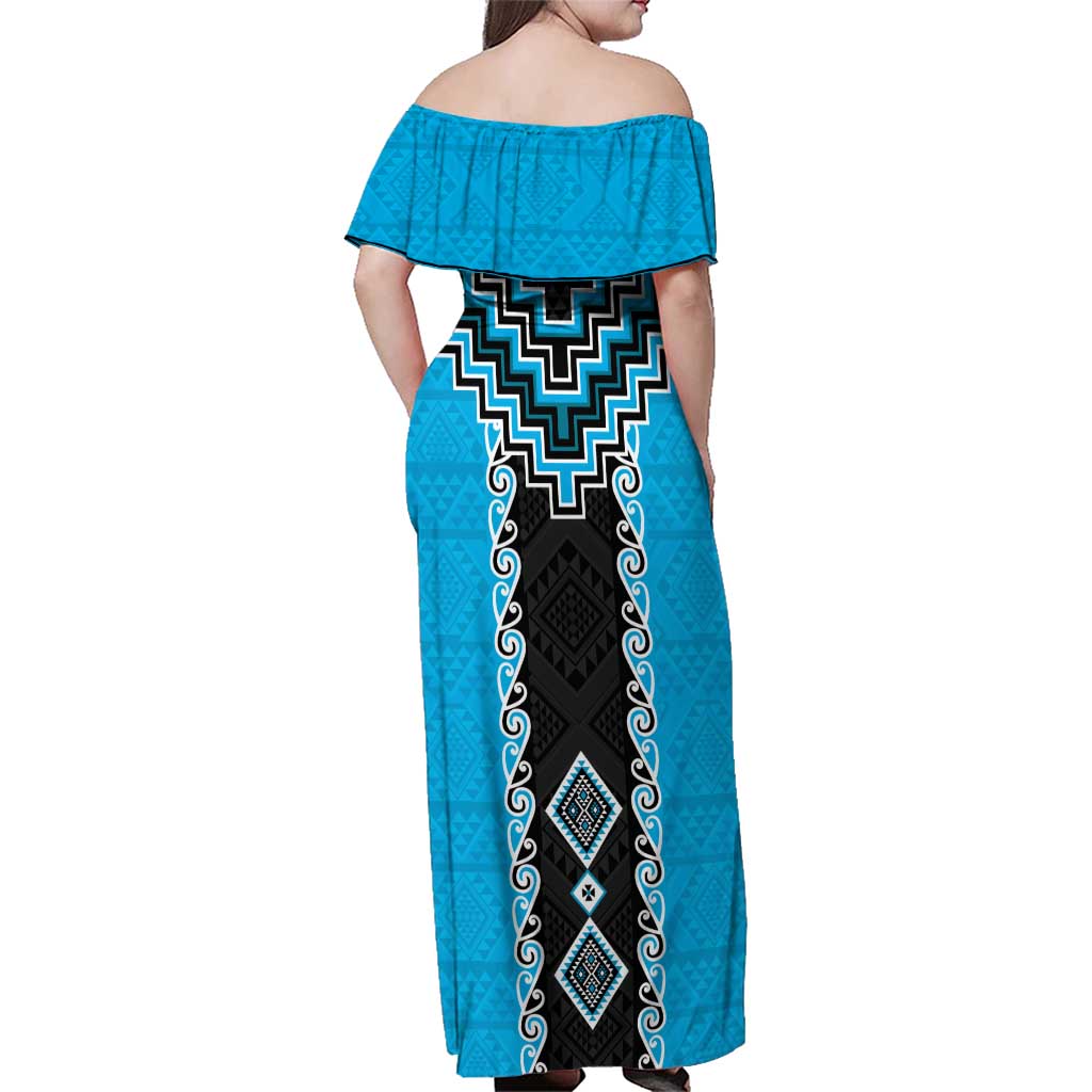 Sky Blue Niho Taniwha Mix Poutama Family Matching Off Shoulder Maxi Dress and Hawaiian Shirt Unique Taniko Aotearoa
