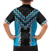 Sky Blue Niho Taniwha Mix Poutama Family Matching Off Shoulder Short Dress and Hawaiian Shirt Unique Taniko Aotearoa LT01 - Polynesian Pride