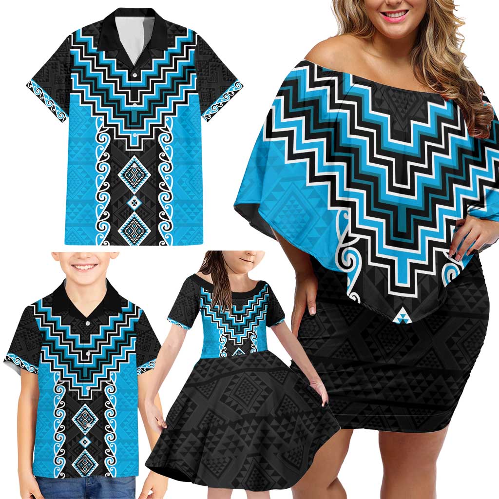 Sky Blue Niho Taniwha Mix Poutama Family Matching Off Shoulder Short Dress and Hawaiian Shirt Unique Taniko Aotearoa LT01 - Polynesian Pride