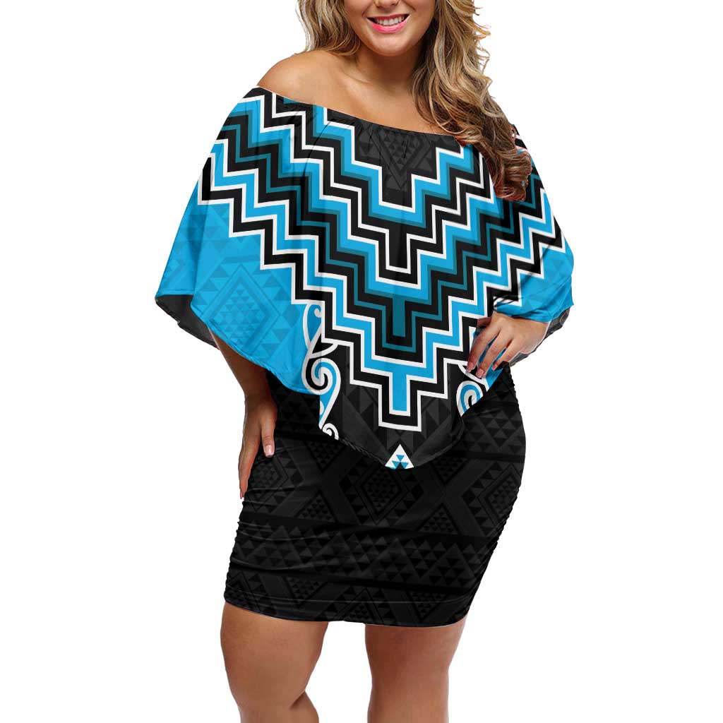 Sky Blue Niho Taniwha Mix Poutama Family Matching Off Shoulder Short Dress and Hawaiian Shirt Unique Taniko Aotearoa LT01 Mom's Dress Sky Blue - Polynesian Pride