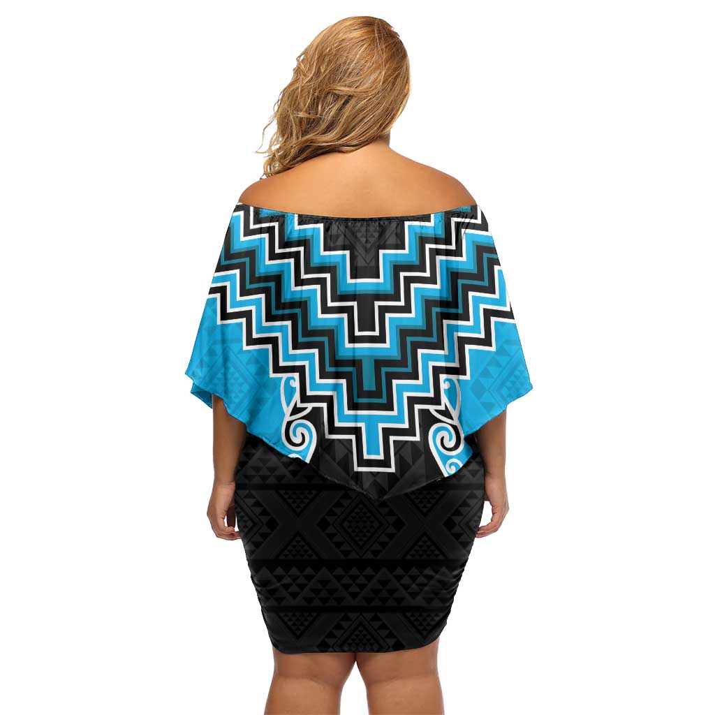 Sky Blue Niho Taniwha Mix Poutama Family Matching Off Shoulder Short Dress and Hawaiian Shirt Unique Taniko Aotearoa LT01 - Polynesian Pride