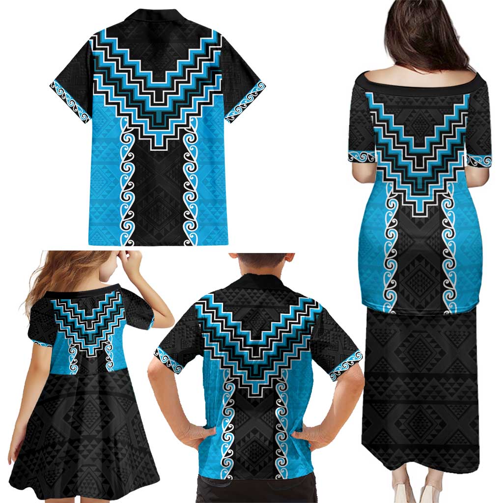 Sky Blue Niho Taniwha Mix Poutama Family Matching Puletasi and Hawaiian Shirt Unique Taniko Aotearoa LT01 - Polynesian Pride
