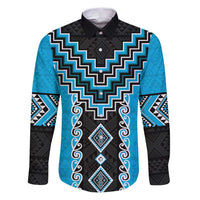 Sky Blue Niho Taniwha Mix Poutama Family Matching Puletasi and Hawaiian Shirt Unique Taniko Aotearoa LT01 Dad's Shirt - Long Sleeve Sky Blue - Polynesian Pride