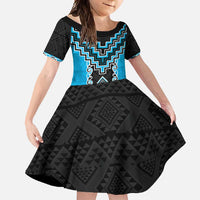 Sky Blue Niho Taniwha Mix Poutama Family Matching Short Sleeve Bodycon Dress and Hawaiian Shirt Unique Taniko Aotearoa LT01 Daughter's Dress Sky Blue - Polynesian Pride