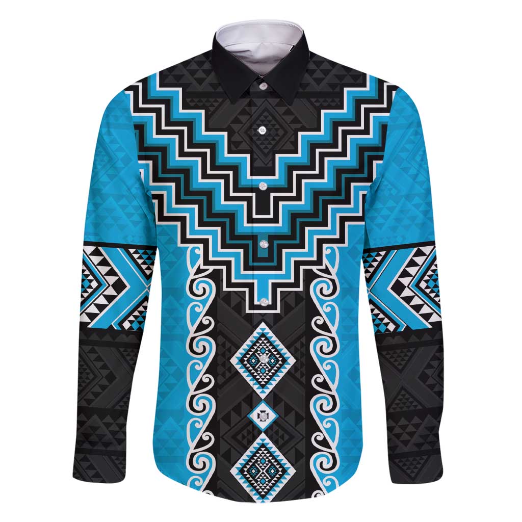Sky Blue Niho Taniwha Mix Poutama Family Matching Short Sleeve Bodycon Dress and Hawaiian Shirt Unique Taniko Aotearoa LT01 Dad's Shirt - Long Sleeve Sky Blue - Polynesian Pride