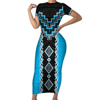 Sky Blue Niho Taniwha Mix Poutama Family Matching Short Sleeve Bodycon Dress and Hawaiian Shirt Unique Taniko Aotearoa LT01 Mom's Dress Sky Blue - Polynesian Pride