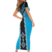 Sky Blue Niho Taniwha Mix Poutama Family Matching Short Sleeve Bodycon Dress and Hawaiian Shirt Unique Taniko Aotearoa LT01 - Polynesian Pride