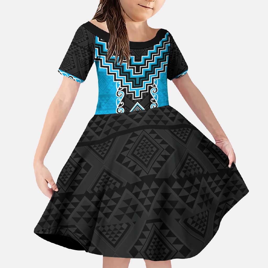 Sky Blue Niho Taniwha Mix Poutama Family Matching Tank Maxi Dress and Hawaiian Shirt Unique Taniko Aotearoa LT01 Daughter's Dress Sky Blue - Polynesian Pride
