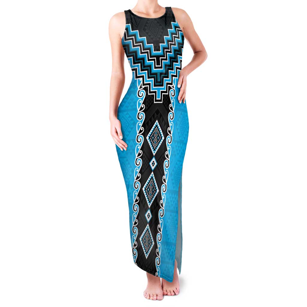 Sky Blue Niho Taniwha Mix Poutama Family Matching Tank Maxi Dress and Hawaiian Shirt Unique Taniko Aotearoa LT01 Mom's Dress Sky Blue - Polynesian Pride
