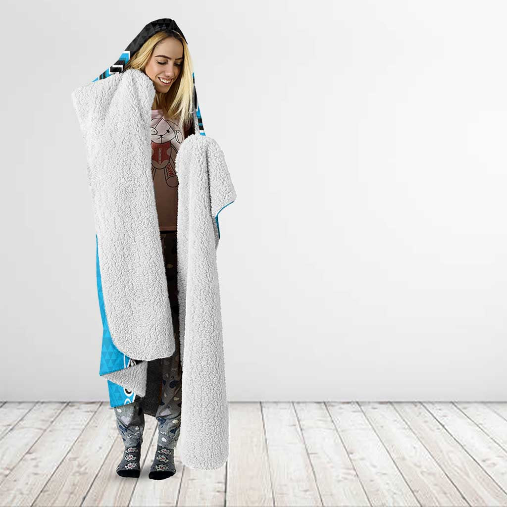 Sky Blue Niho Taniwha Mix Poutama Hooded Blanket Unique Taniko Aotearoa