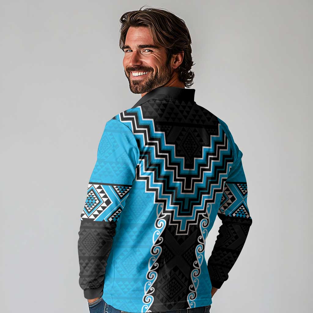 Sky Blue Niho Taniwha Mix Poutama Long Sleeve Polo Shirt Unique Taniko Aotearoa
