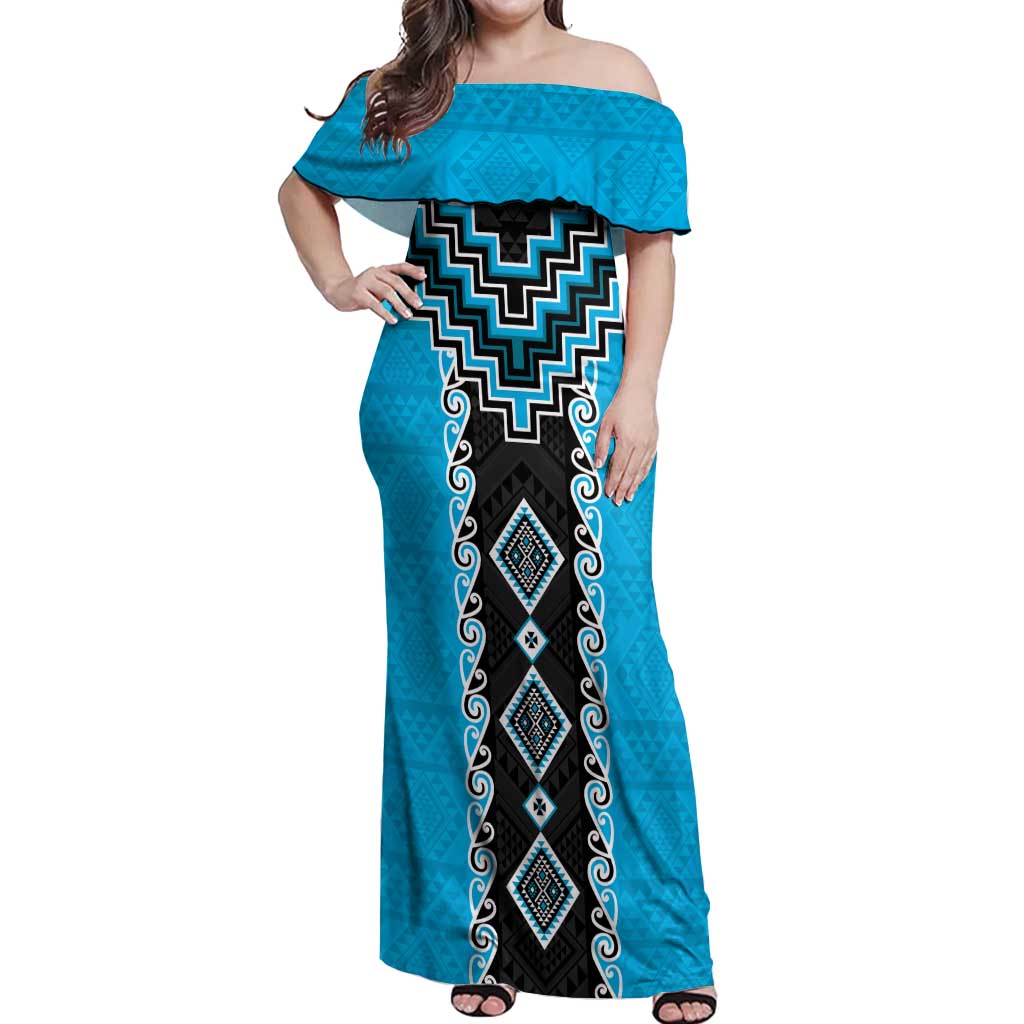 Sky Blue Niho Taniwha Mix Poutama Off Shoulder Maxi Dress Unique Taniko Aotearoa