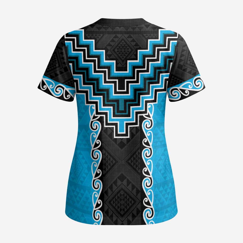 Sky Blue Niho Taniwha Mix Poutama Scrub Top Unique Taniko Aotearoa - Polynesian Pride