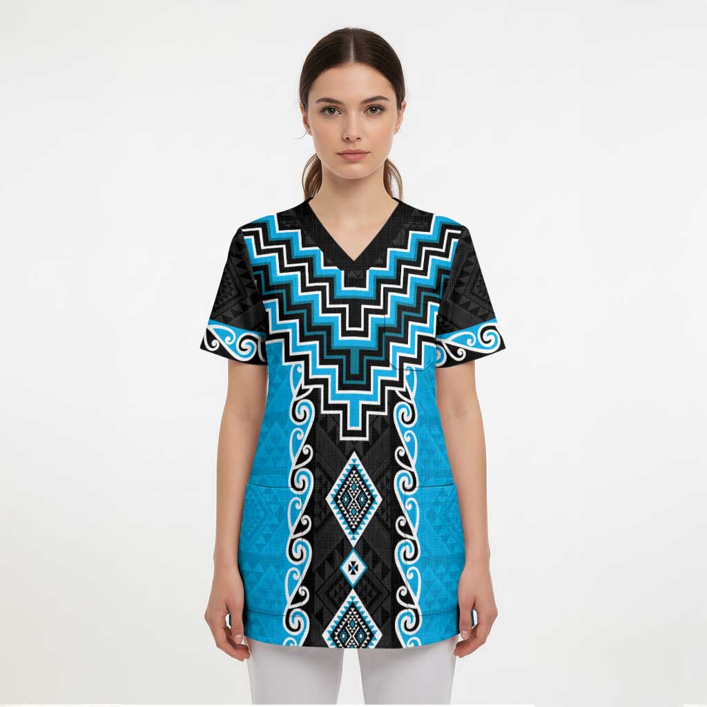 Sky Blue Niho Taniwha Mix Poutama Scrub Top Unique Taniko Aotearoa - Polynesian Pride