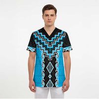 Sky Blue Niho Taniwha Mix Poutama Scrub Top Unique Taniko Aotearoa - Polynesian Pride