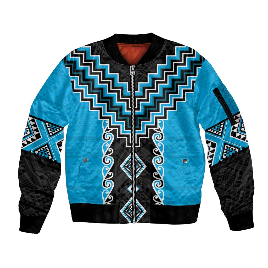 Sky Blue Niho Taniwha Mix Poutama Sleeve Zip Bomber Jacket Unique Taniko Aotearoa LT01 Unisex Sky Blue - Polynesian Pride