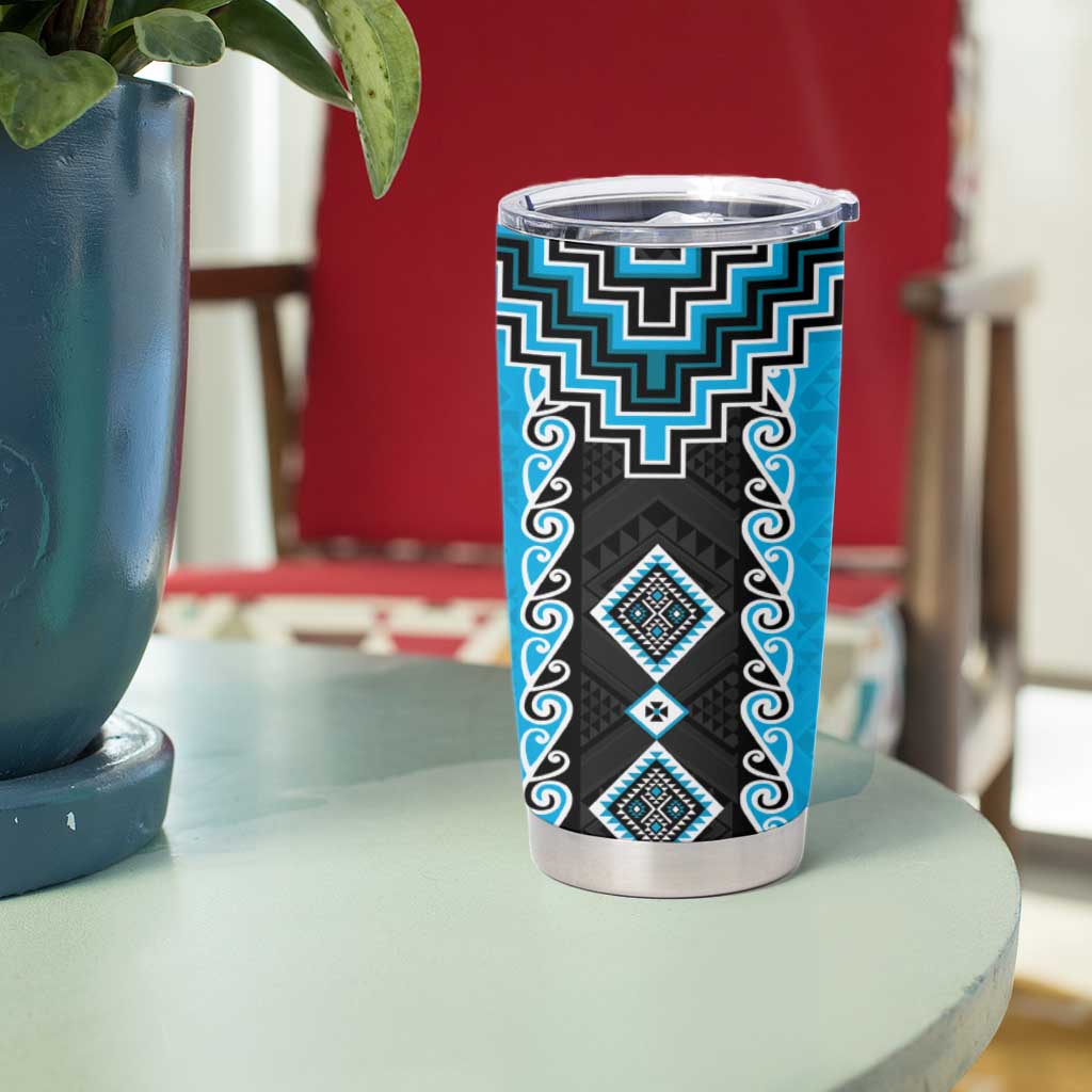 Sky Blue Niho Taniwha Mix Poutama Tumbler Cup Unique Taniko Aotearoa
