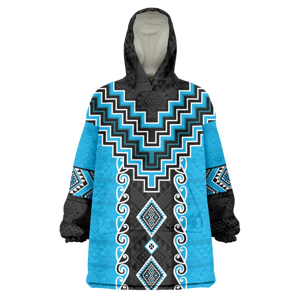 Sky Blue Niho Taniwha Mix Poutama Wearable Blanket Hoodie Unique Taniko Aotearoa