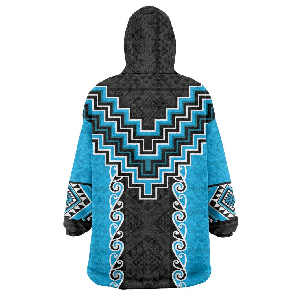 Sky Blue Niho Taniwha Mix Poutama Wearable Blanket Hoodie Unique Taniko Aotearoa