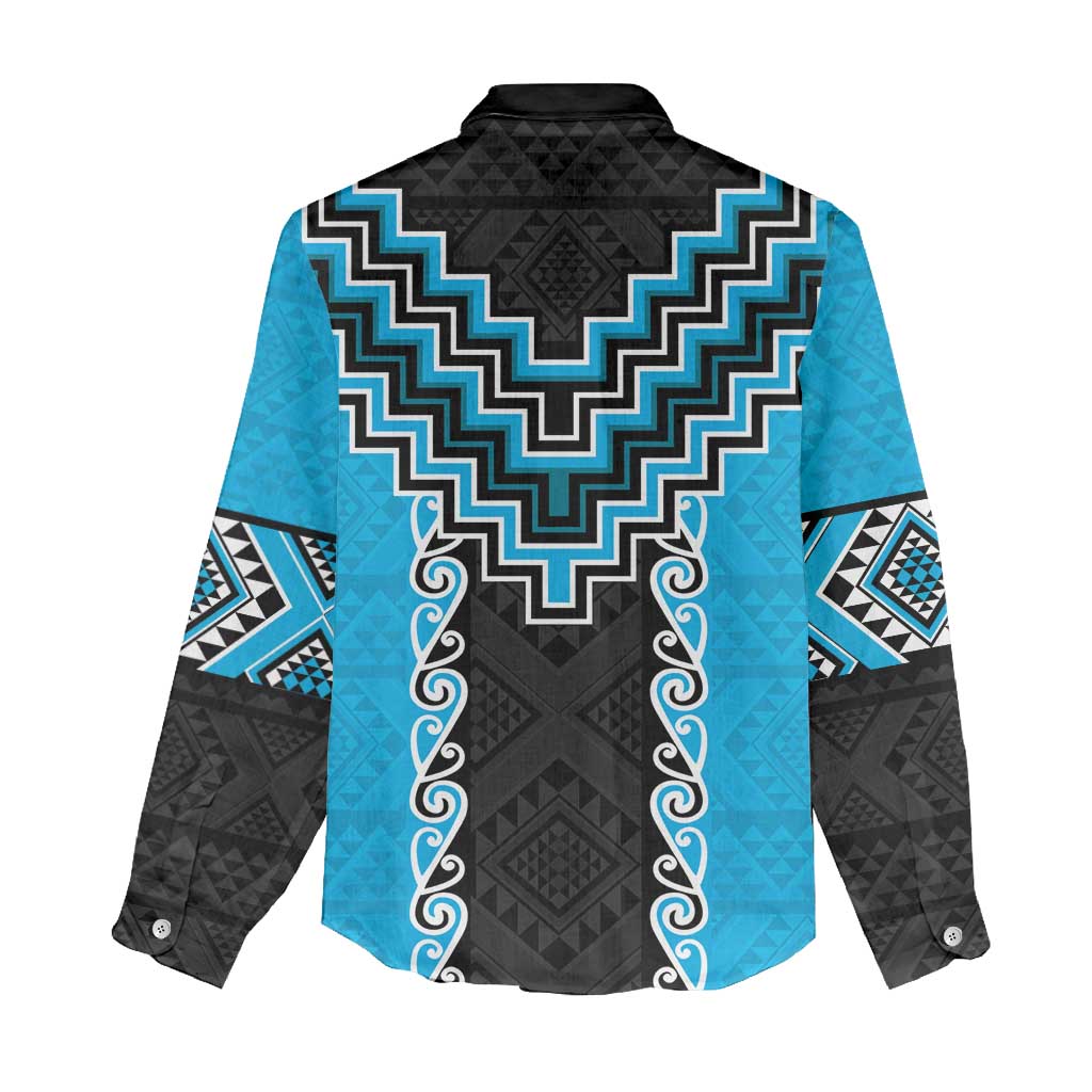 Sky Blue Niho Taniwha Mix Poutama Women Casual Shirt Unique Taniko Aotearoa