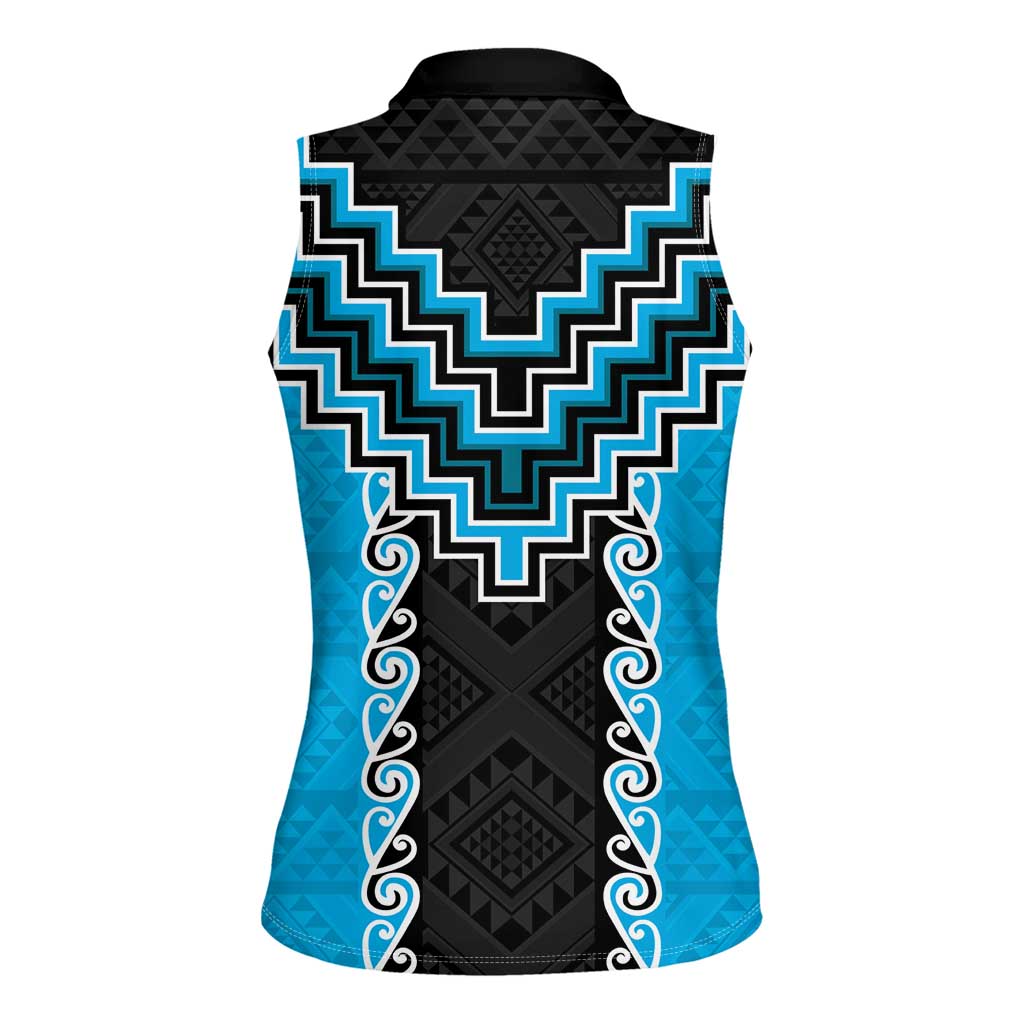 Sky Blue Niho Taniwha Mix Poutama Women Sleeveless Polo Shirt Unique Taniko Aotearoa