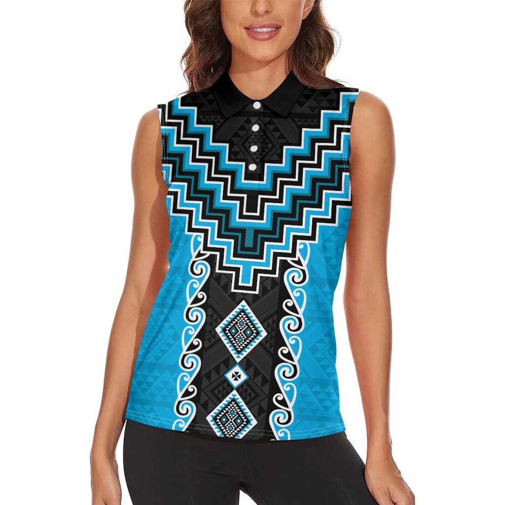 Sky Blue Niho Taniwha Mix Poutama Women Sleeveless Polo Shirt Unique Taniko Aotearoa