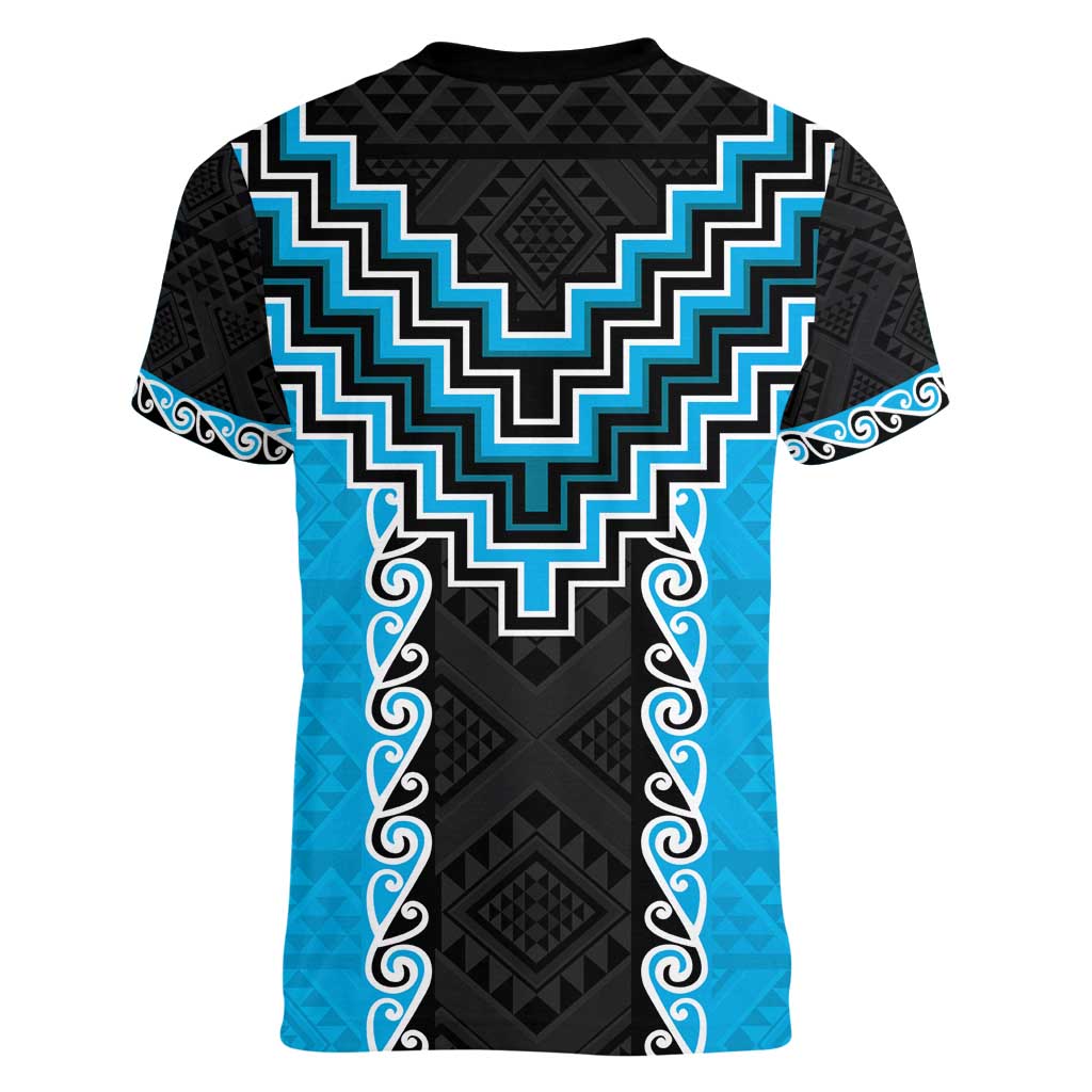 Sky Blue Niho Taniwha Mix Poutama Women V-Neck T-Shirt Unique Taniko Aotearoa