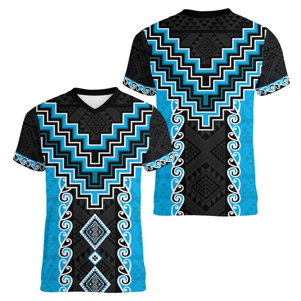 Sky Blue Niho Taniwha Mix Poutama Women V-Neck T-Shirt Unique Taniko Aotearoa