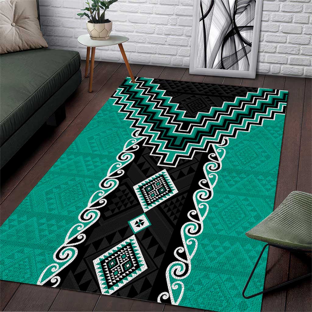 Teal Niho Taniwha Mix Poutama Area Rug Unique Taniko Aotearoa