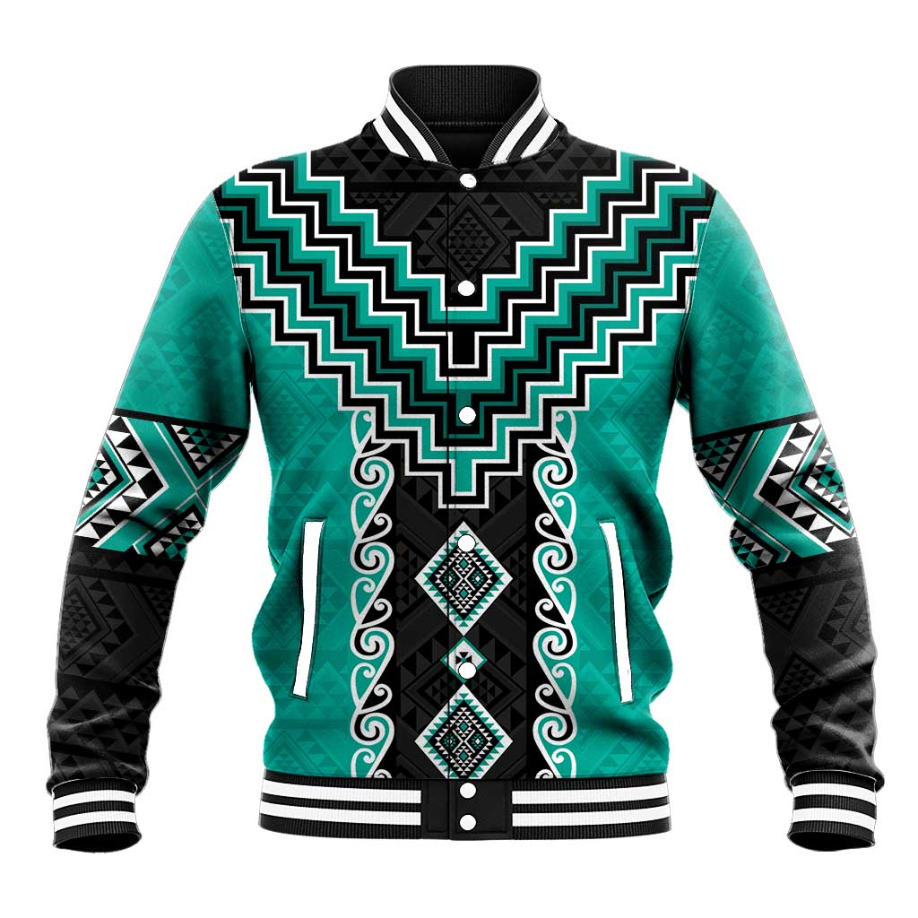 Teal Niho Taniwha Mix Poutama Baseball Jacket Unique Taniko Aotearoa