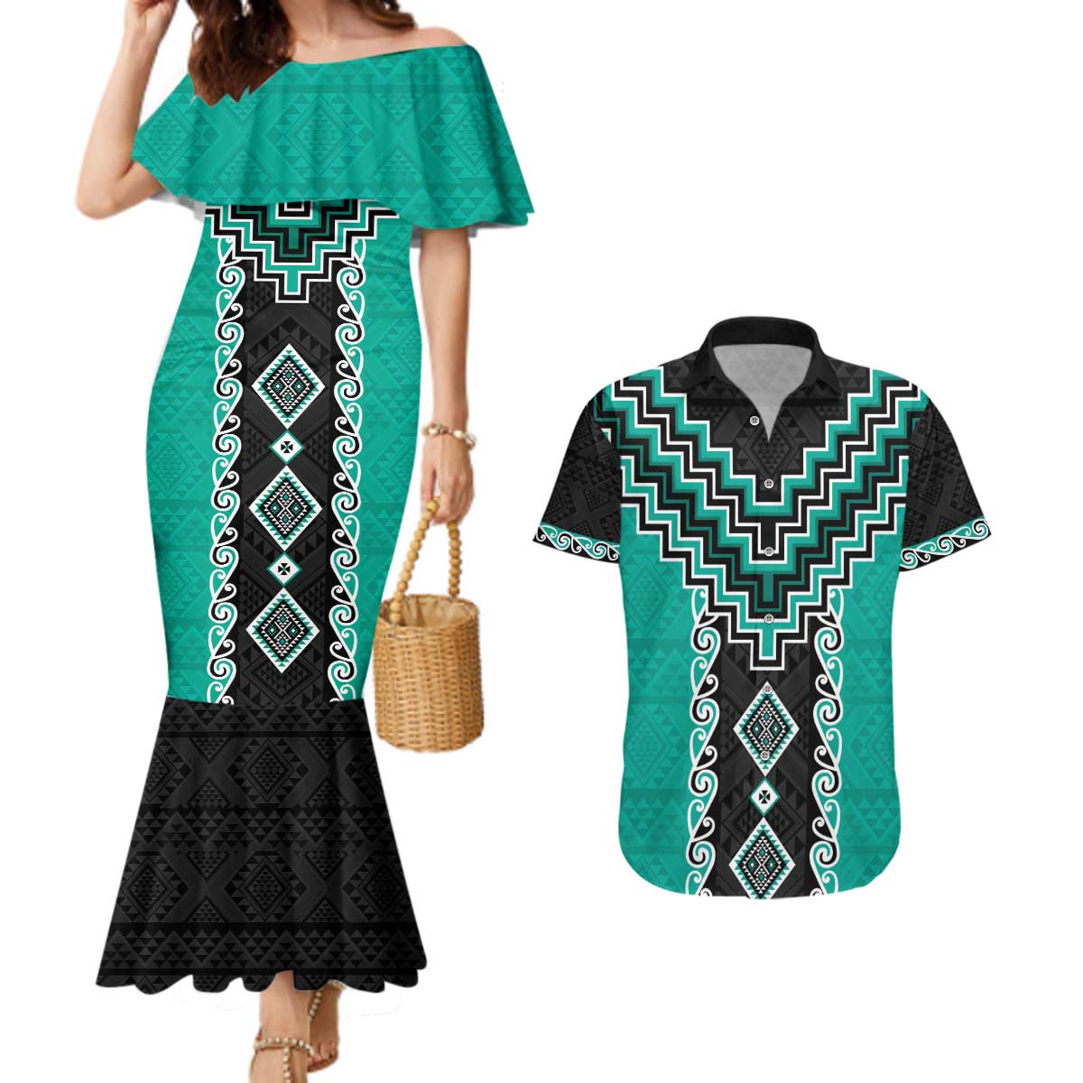 Teal Niho Taniwha Mix Poutama Couples Matching Mermaid Dress and Hawaiian Shirt Unique Taniko Aotearoa