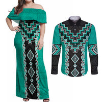 Teal Niho Taniwha Mix Poutama Couples Matching Off Shoulder Maxi Dress and Long Sleeve Button Shirt Unique Taniko Aotearoa