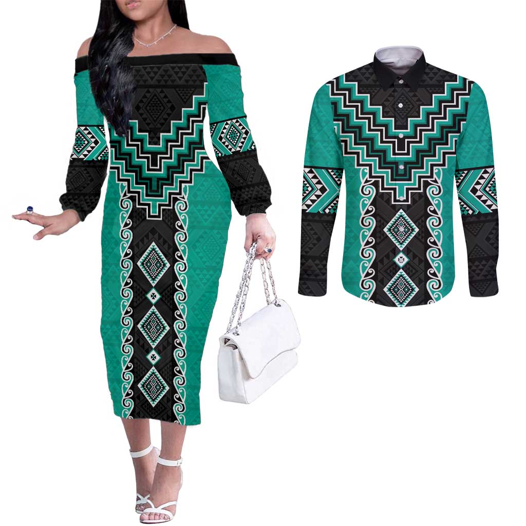 Teal Niho Taniwha Mix Poutama Couples Matching Off The Shoulder Long Sleeve Dress and Long Sleeve Button Shirt Unique Taniko Aotearoa