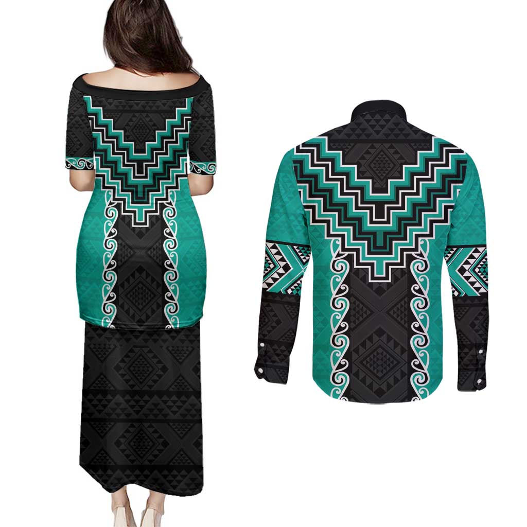 Teal Niho Taniwha Mix Poutama Couples Matching Puletasi and Long Sleeve Button Shirt Unique Taniko Aotearoa