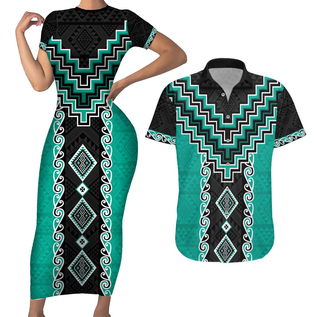 Teal Niho Taniwha Mix Poutama Couples Matching Short Sleeve Bodycon Dress and Hawaiian Shirt Unique Taniko Aotearoa LT01 Teal - Polynesian Pride