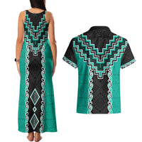 Teal Niho Taniwha Mix Poutama Couples Matching Tank Maxi Dress and Hawaiian Shirt Unique Taniko Aotearoa