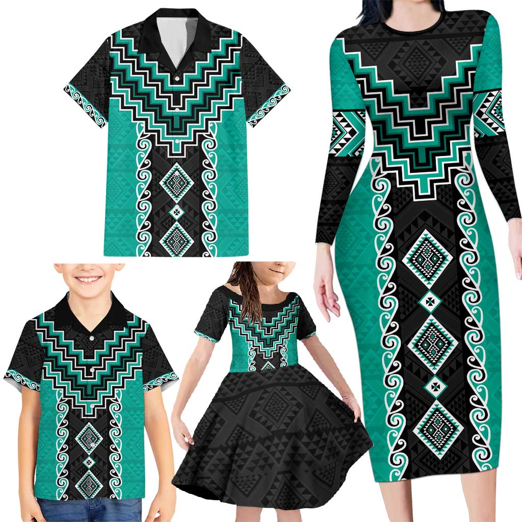 Teal Niho Taniwha Mix Poutama Family Matching Long Sleeve Bodycon Dress and Hawaiian Shirt Unique Taniko Aotearoa LT01 - Polynesian Pride
