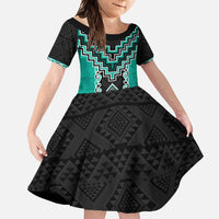 Teal Niho Taniwha Mix Poutama Family Matching Mermaid Dress and Hawaiian Shirt Unique Taniko Aotearoa LT01 Daughter's Dress Teal - Polynesian Pride
