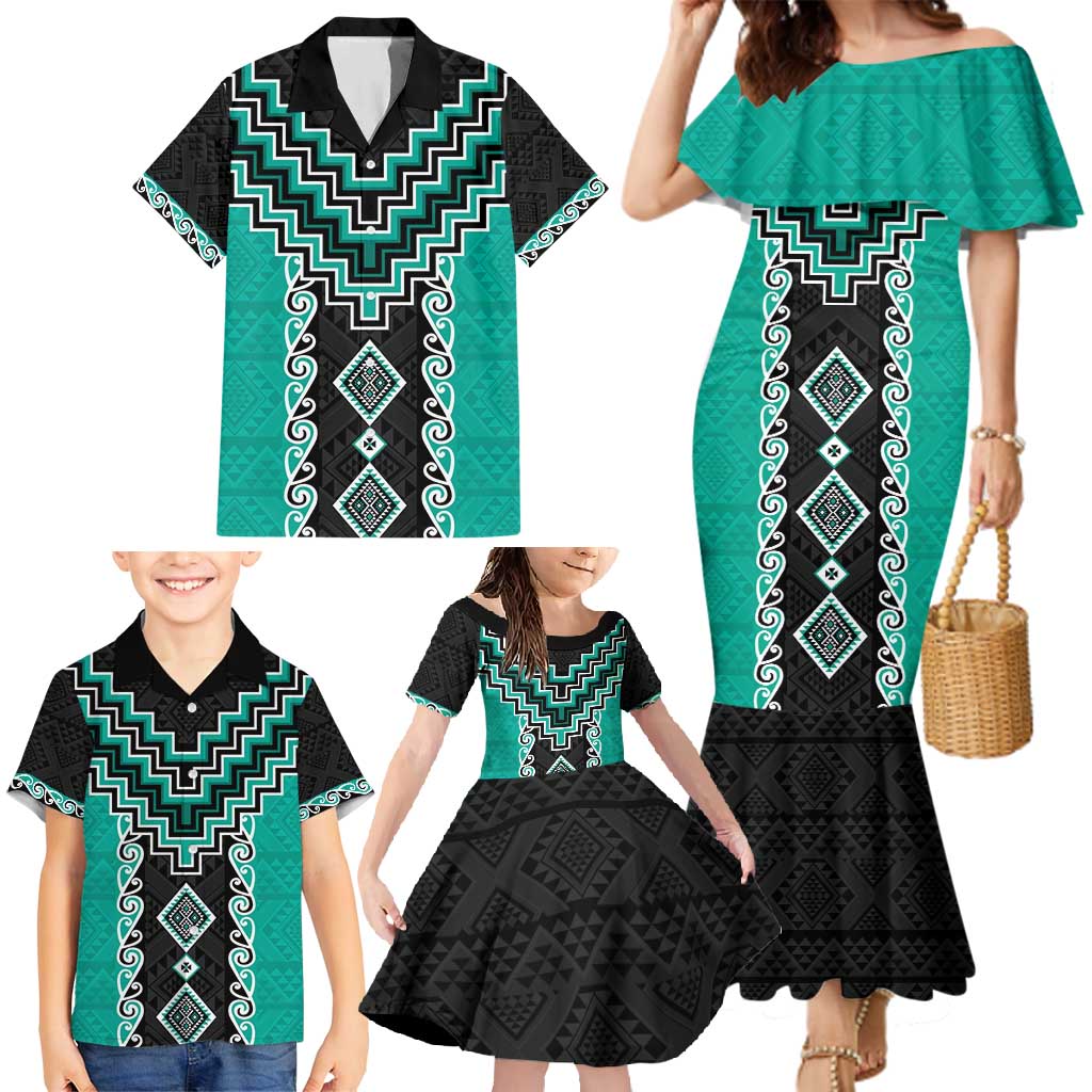 Teal Niho Taniwha Mix Poutama Family Matching Mermaid Dress and Hawaiian Shirt Unique Taniko Aotearoa LT01 - Polynesian Pride