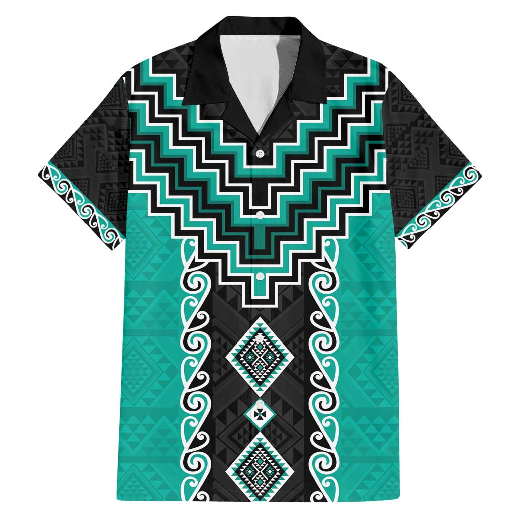 Teal Niho Taniwha Mix Poutama Family Matching Mermaid Dress and Hawaiian Shirt Unique Taniko Aotearoa LT01 Dad's Shirt - Short Sleeve Teal - Polynesian Pride