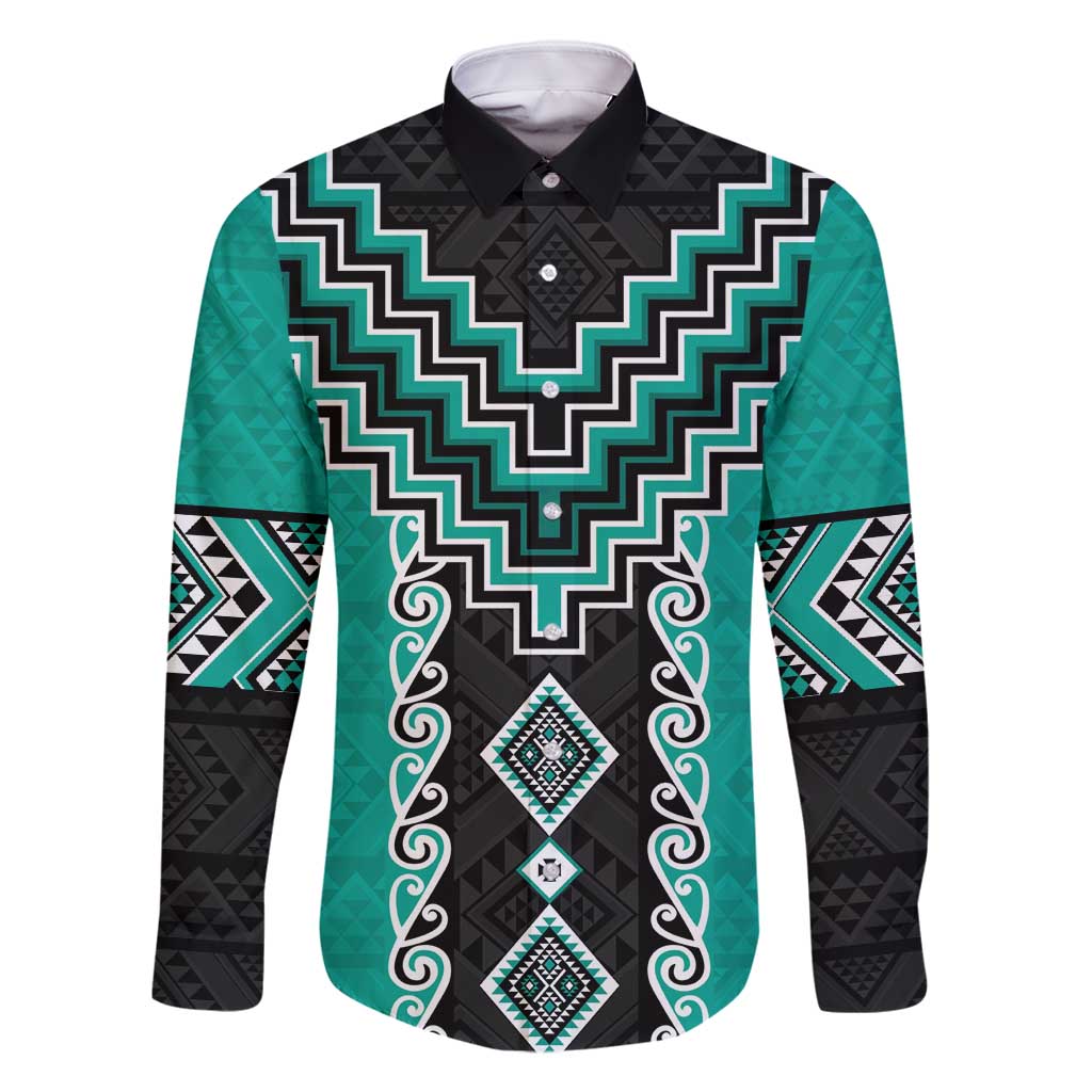 Teal Niho Taniwha Mix Poutama Family Matching Mermaid Dress and Hawaiian Shirt Unique Taniko Aotearoa LT01 Dad's Shirt - Long Sleeve Teal - Polynesian Pride