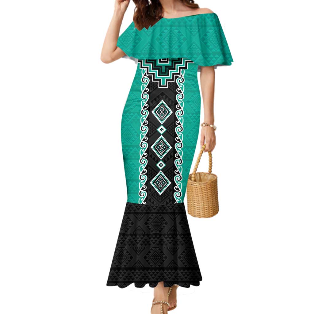 Teal Niho Taniwha Mix Poutama Family Matching Mermaid Dress and Hawaiian Shirt Unique Taniko Aotearoa LT01 Mom's Dress Teal - Polynesian Pride