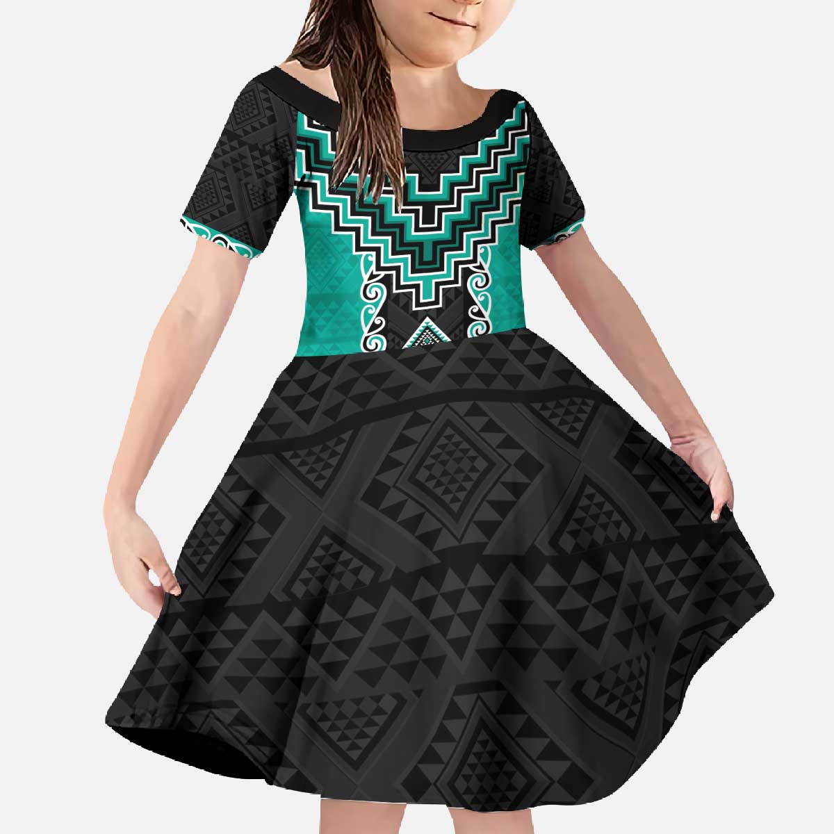 Teal Niho Taniwha Mix Poutama Family Matching Off The Shoulder Long Sleeve Dress and Hawaiian Shirt Unique Taniko Aotearoa LT01 Daughter's Dress Teal - Polynesian Pride