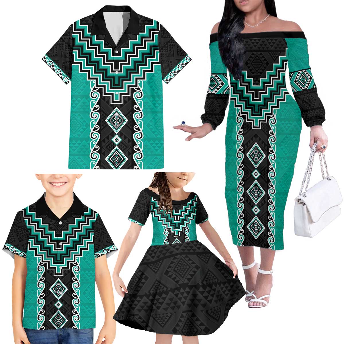 Teal Niho Taniwha Mix Poutama Family Matching Off The Shoulder Long Sleeve Dress and Hawaiian Shirt Unique Taniko Aotearoa LT01 - Polynesian Pride