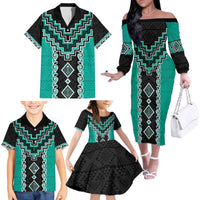Teal Niho Taniwha Mix Poutama Family Matching Off The Shoulder Long Sleeve Dress and Hawaiian Shirt Unique Taniko Aotearoa LT01 - Polynesian Pride