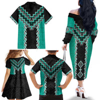 Teal Niho Taniwha Mix Poutama Family Matching Off The Shoulder Long Sleeve Dress and Hawaiian Shirt Unique Taniko Aotearoa LT01 - Polynesian Pride