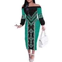 Teal Niho Taniwha Mix Poutama Family Matching Off The Shoulder Long Sleeve Dress and Hawaiian Shirt Unique Taniko Aotearoa LT01 Mom's Dress Teal - Polynesian Pride